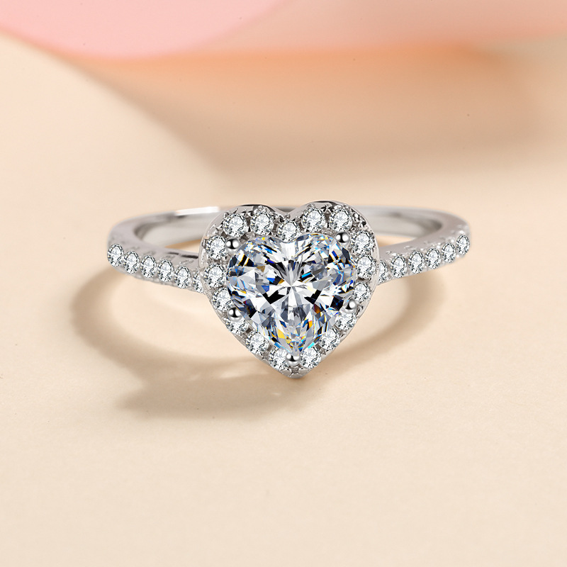 S925 Silver Imitation Diamond Micro-Pave Heart Moissanite Ring