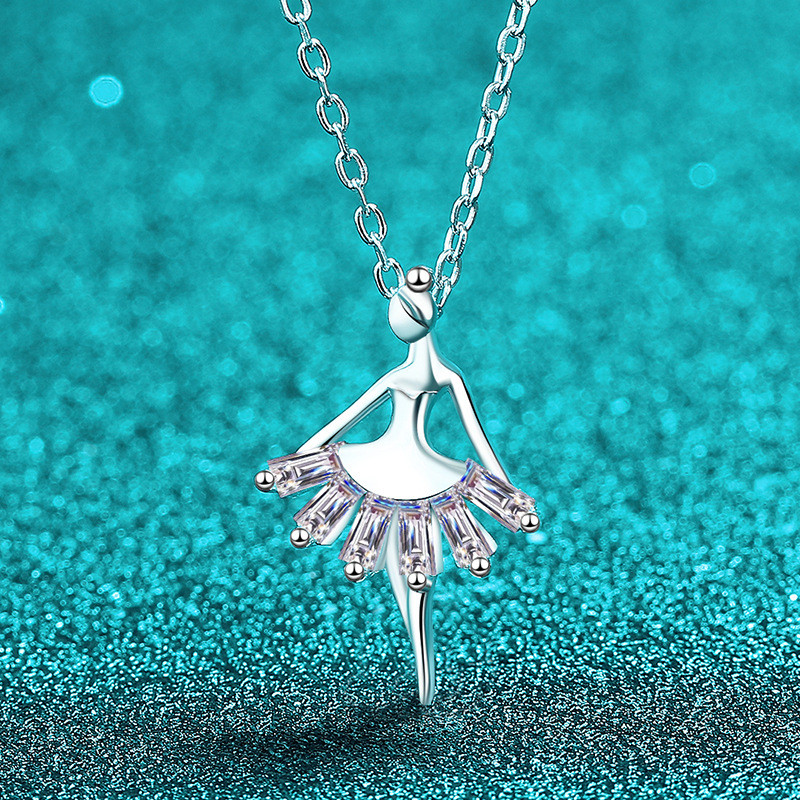 S925 Silver Moissanite Ballet Tutu Pendant Necklace