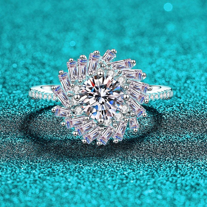 S925 Silver Geometric Rectangular Beveled Sunflower Moissanite Ring