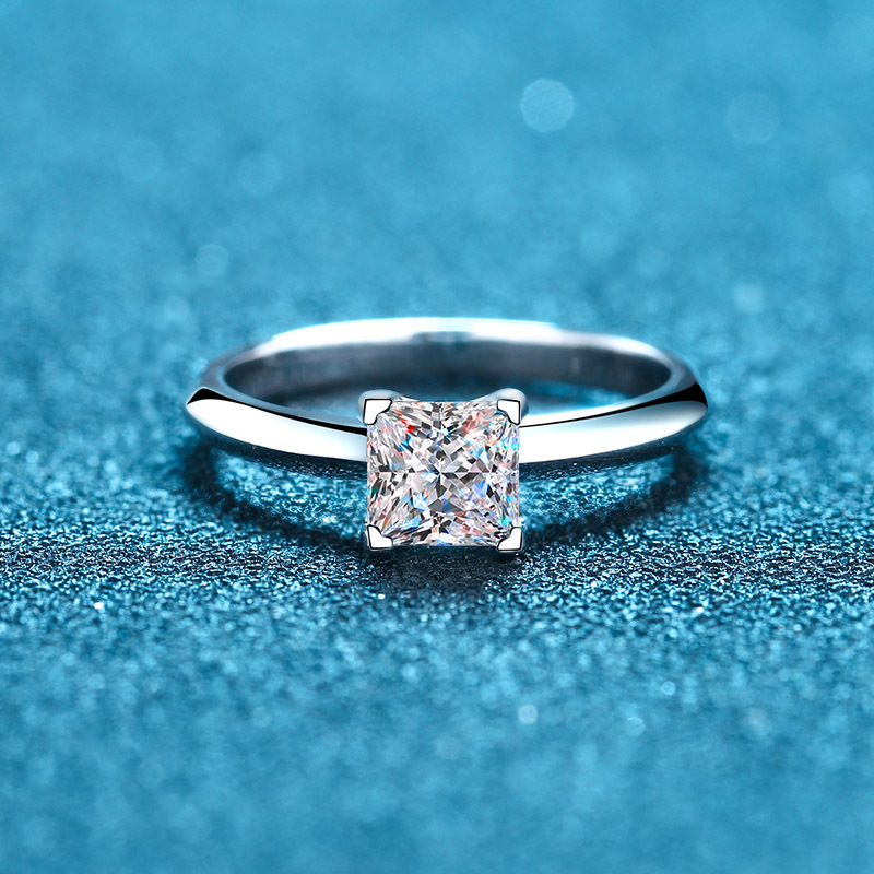 S925 Silver Moissanite & Zircon Princess Cut Four-Prong Ring 1ct/2ct