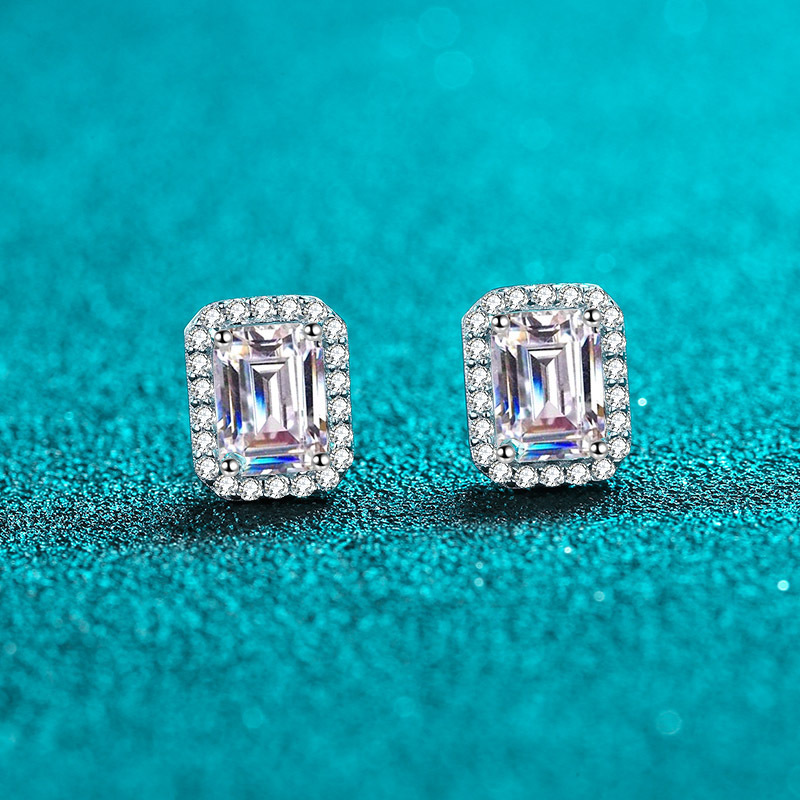 S925 Silver Radiant Emerald Cut Rectangular Moissanite Earrings