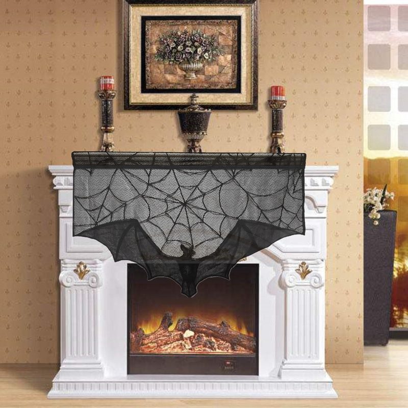 Rideau Dentelle Noire Toile d'Araignée Chauve-Souris Halloween