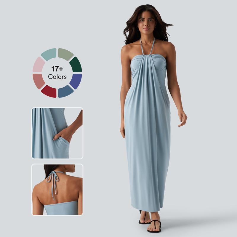 Halter Neck Lace-Up Long Skirt Strap Pocket