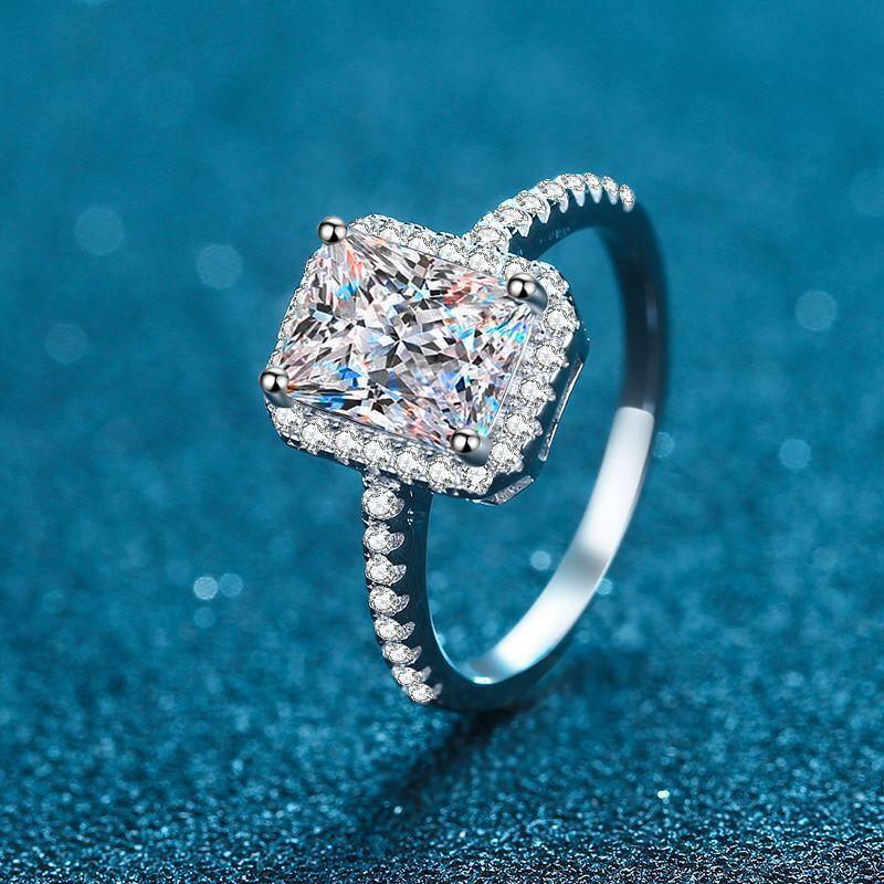 925Plata de LeyAnillo de Mujer Cubo de Azúcar Microincrustado Pavé1Quilate:2Quilate Cuatro Garras ÚnicoMoissanitaAnillos